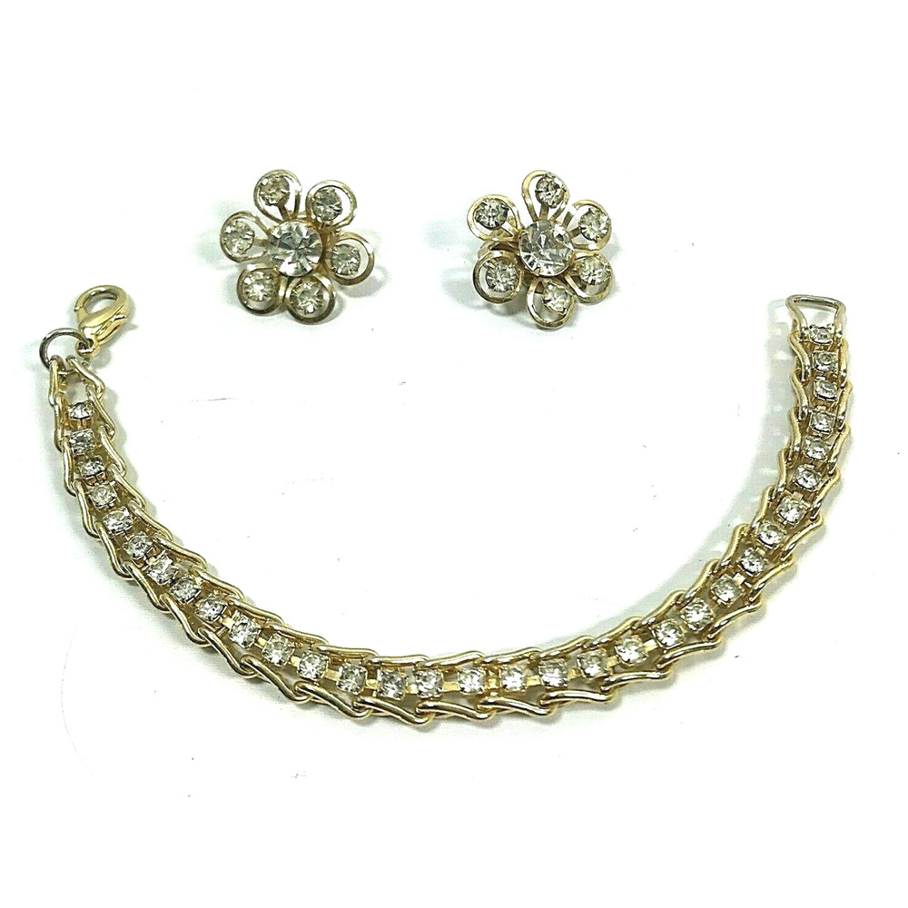 Womens Earring & Bracelet Set Clip On Clear Rhinestones‎ Gift Evening Party